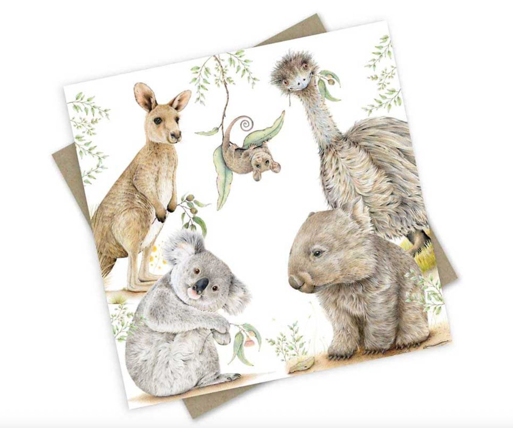 Bush Friends Greeting Card – Kangaroo, Emu, Koala, Wombat & Pygmy Possum
